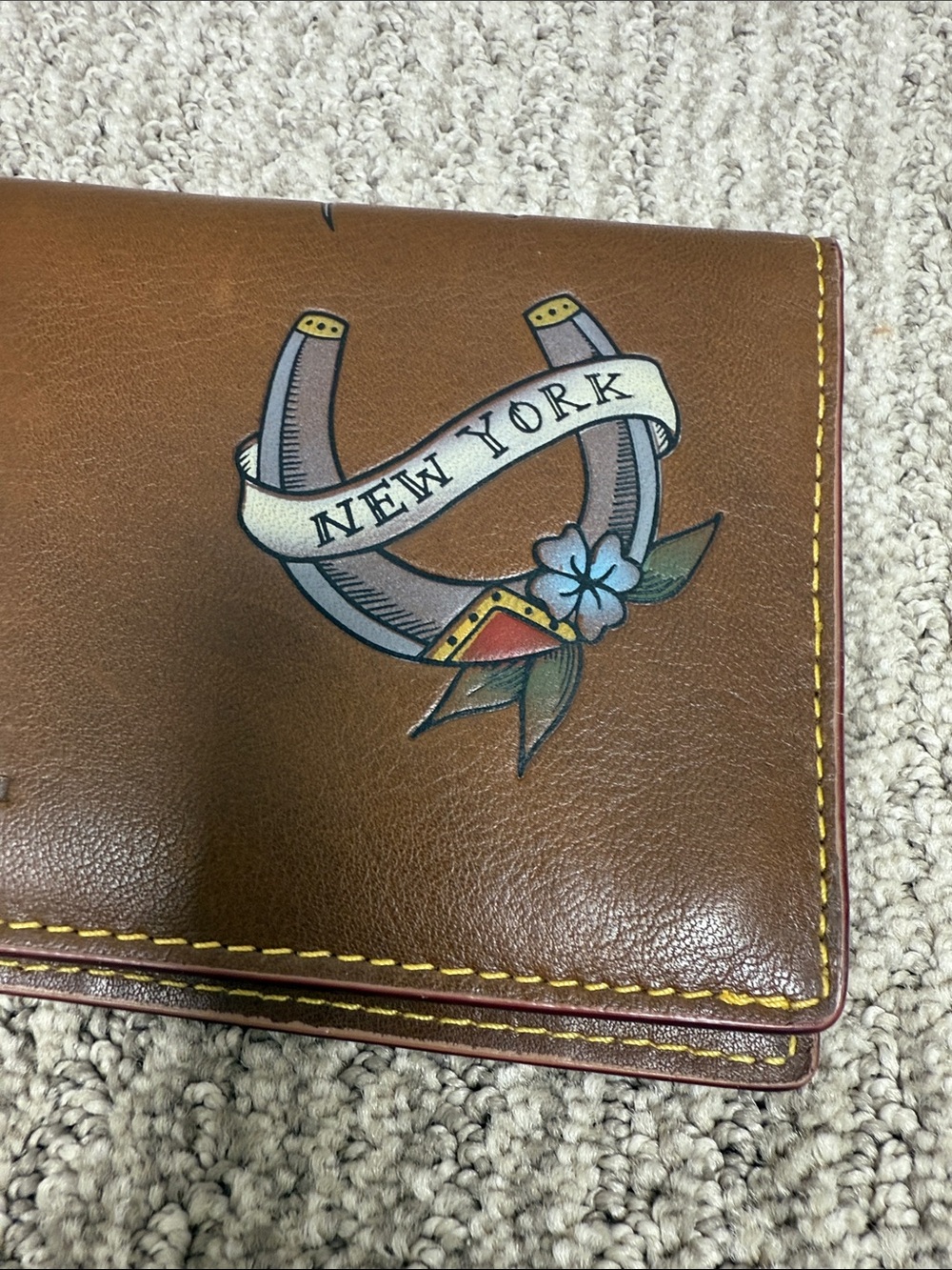 Coach Brown Leather Tattoo-Print Long Long Pocket Wallet with Yellow Stitching - Picture 4 of 12